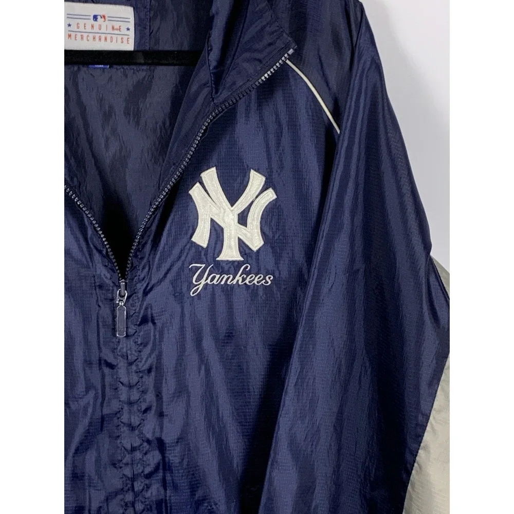 NY Yankees Jacket Mens L Blue Hooded Windbreaker Full Zip MLB Baseball